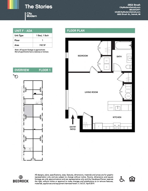Floor plan for 1 bed, 1 bath, 742 sqft